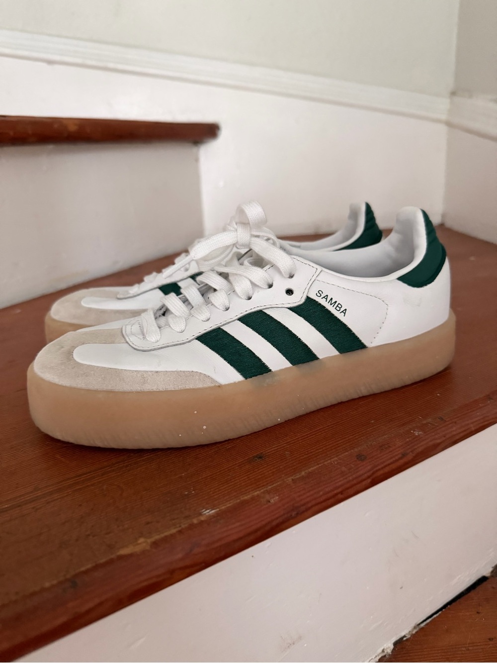 adidas Samba White Sneakers with Green Stripes and Gum Sole Women - Picture 7 of 8